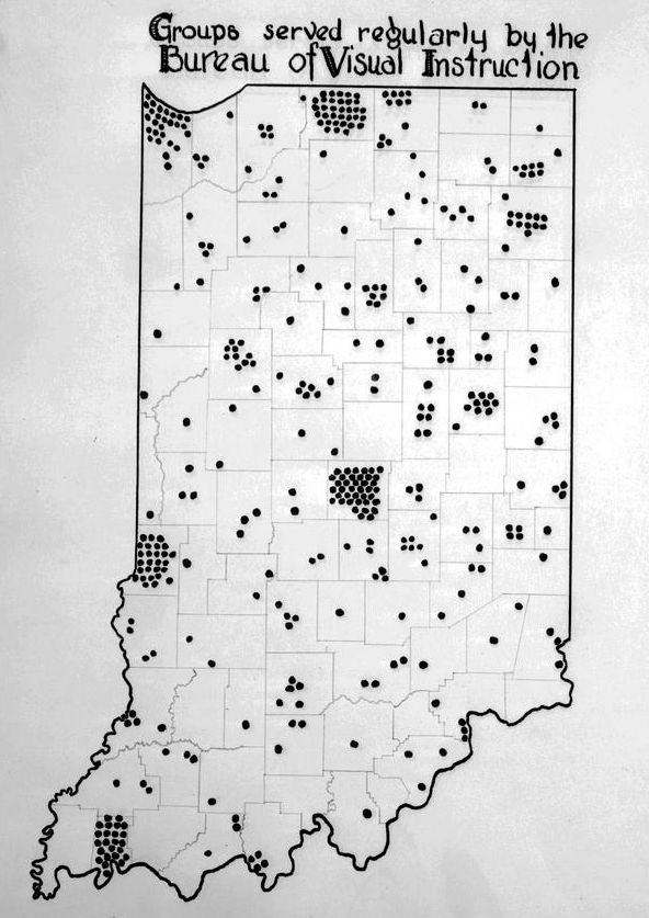 A map of Indiana titled 'Groups regularly served by the Bureau of Visual Instruction'