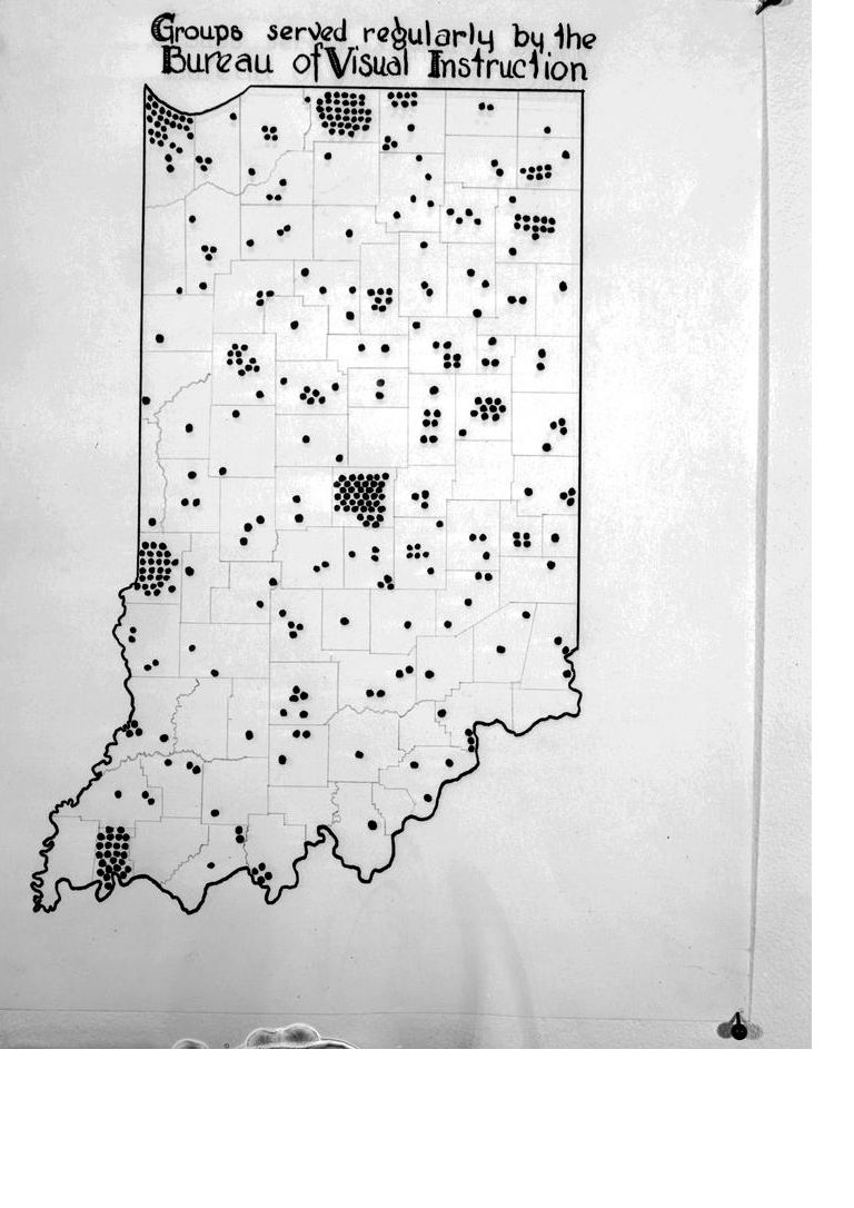 A map of Indiana titled 'Groups regularly served by the Bureau of Visual Instruction'