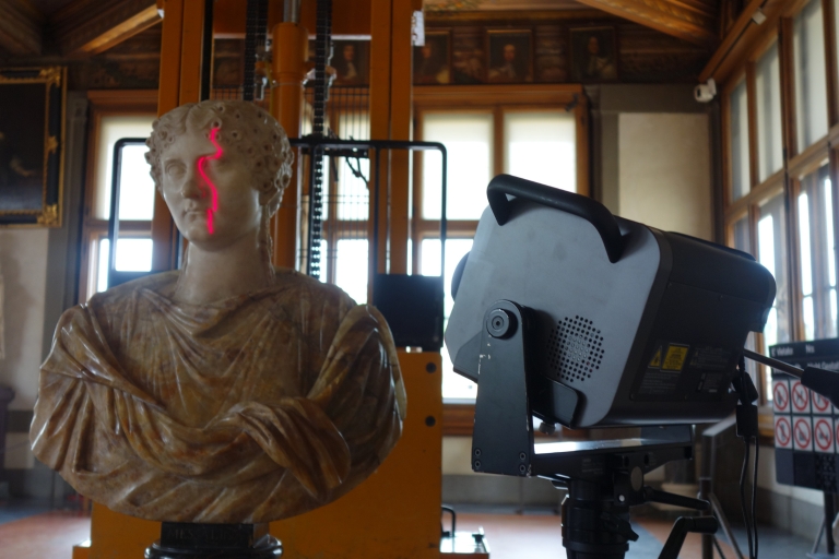 A sculpture is scanned as part of the process to digitize the art in 3D