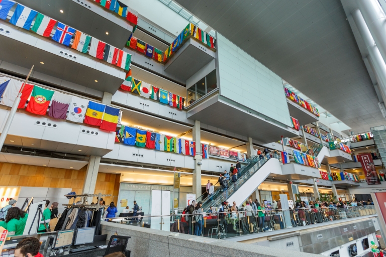 Flags from all United Nations member and observer states are on display in the Campus Center.
