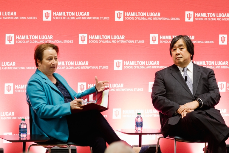 IU Bloomington Provost Lauren Robel talks with Harold Hongju Koh on a stage