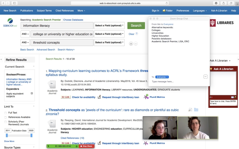 A research assistant consults with a client about a library search during a Zoom meeting