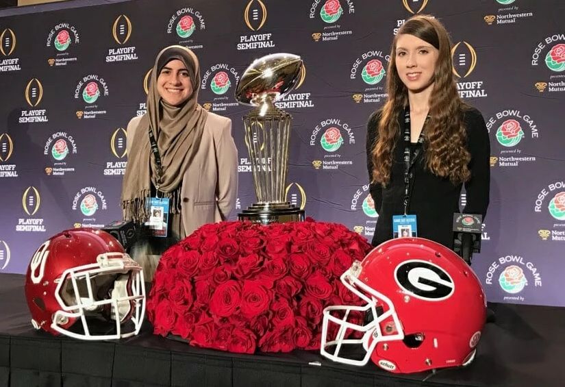 Sarah Bahr poses with a peer at the Rose Bowl.