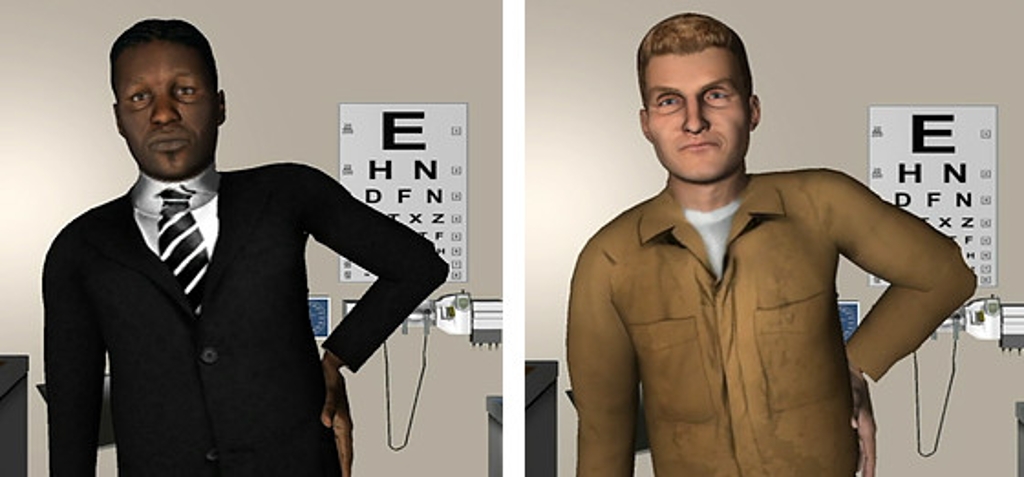 Side-by-side computer simulations of an African American man and a white man posing the same way.