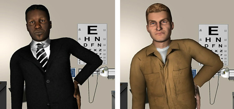 Side-by-side computer simulations of an African American man and a white man posing the same way.