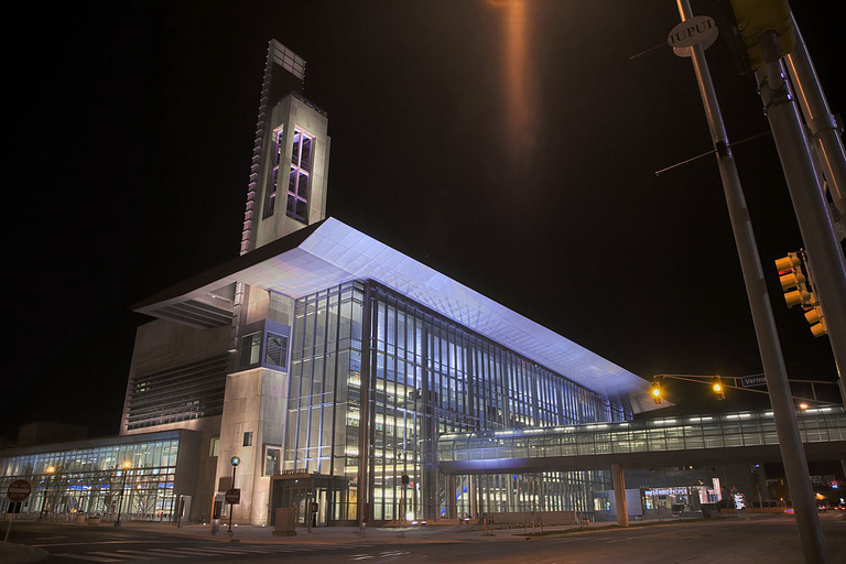 The Campus Center at night.