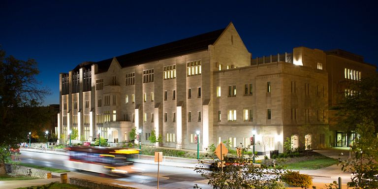 Kelley School's Hodge Hall at night