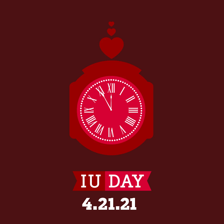 Graphic of a red clock with 'IU Day' and 'April 21, 2021'