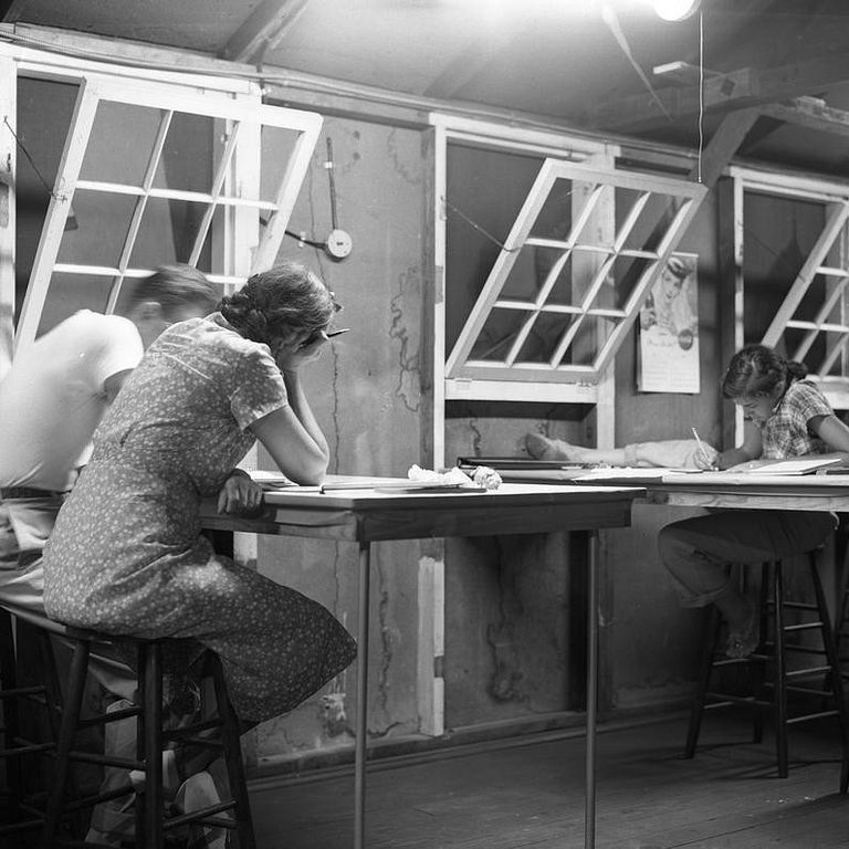 Students at drafting tables at Angel Mounds