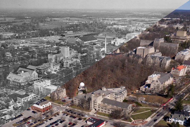 An aerial view of historical Old Crescent superimposed over a 2018 drone view.