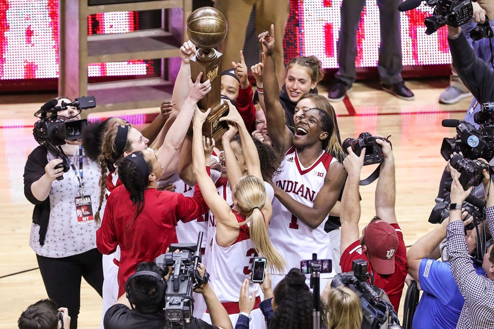 IU women's basketball team celebrates their win over Virginia Tech in the WNIT championship game.