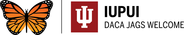 A graphic of a monarch butterfly next to the IU logo and the words 'IUPUI DACA Jags Welcome'