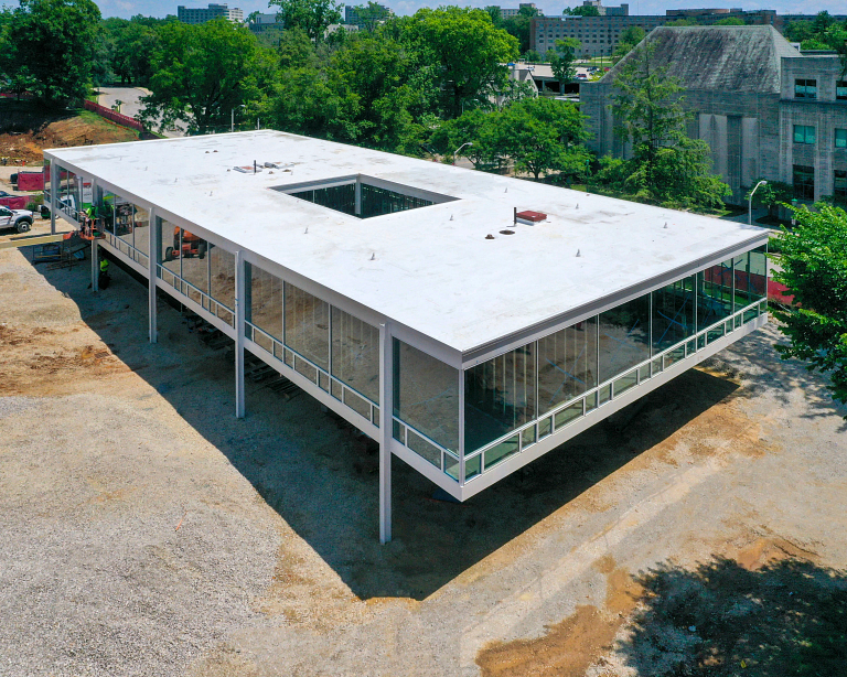 Aerial view of Mies building exterior