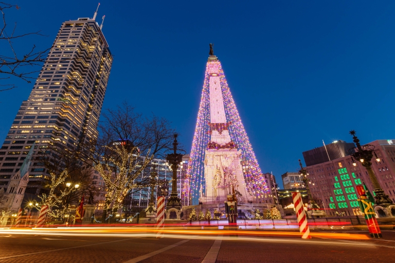 A large lighted display that looks like a Christmas tree