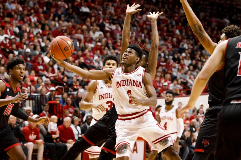 IU basketball guard Aljami Durham puts up a shot during a game