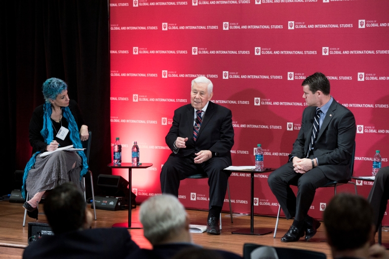 Former Sen. Richard Lugar on stage discussing food security.