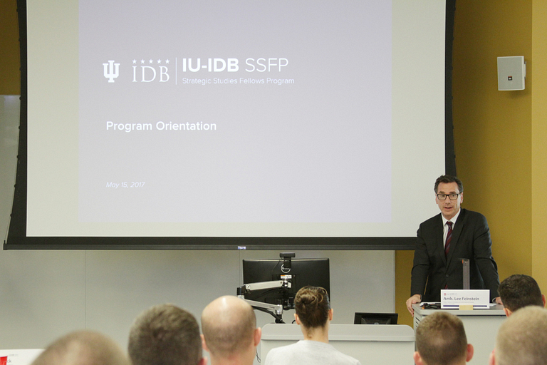 Dean Lee Feinstein speaks to a classroom of military officers