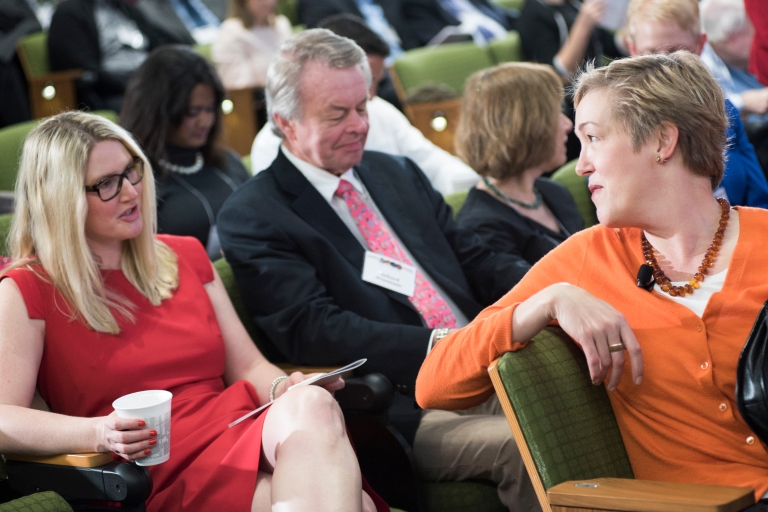 Marie Harf, left, speaks with Constanze Stelzenmuller, prior to a session