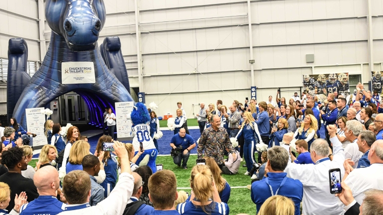 Chuck Pagano makes his entrance at the 2019 Chuckstrong Tailgate Gala