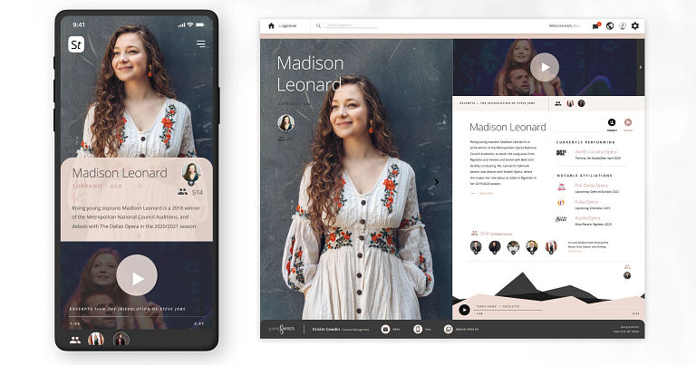 Phone and computer views of the Stagetime interface shows performer Madison Leonard