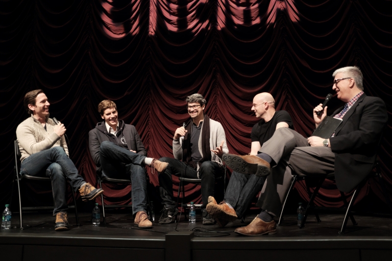 The cast and crew of 'The Good Catholic' on stage at IU Cinema for a Q and A