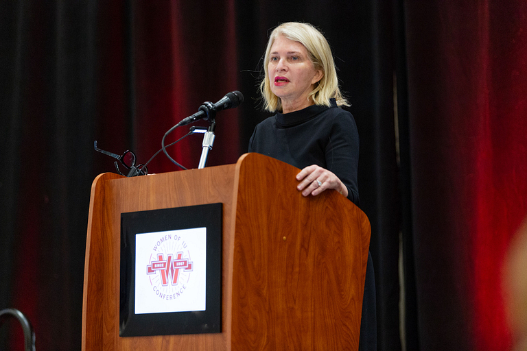 Martha Hoover addresses crowd at Women of IU conference