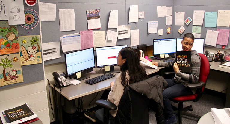 Students work in the call center.