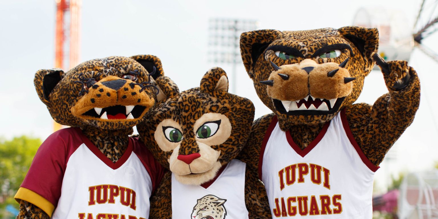 IUPUI's Jinx, Jazzy and Jawz jaguar mascots stand next to each other