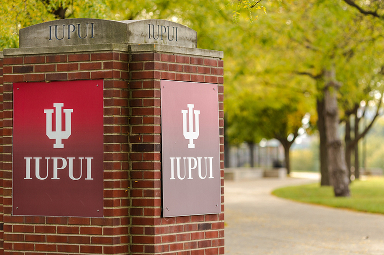 Brick pillar with 'IUPUI' placards on the sides