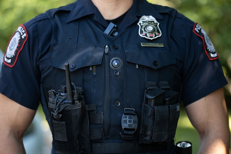 Closeup of a police officer's body-worn camera