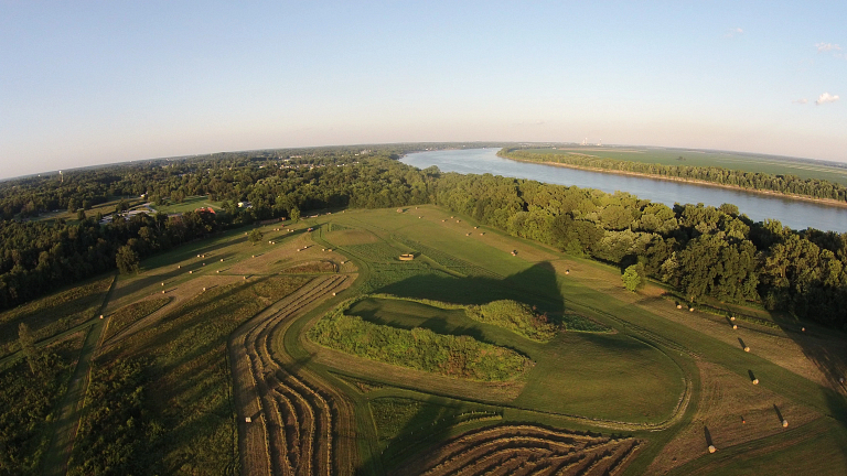 An aerial shot of Angel Mounds 