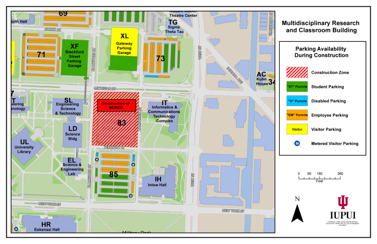A map of replacement parking spots for when construction begins on IUPUI's new classroom building