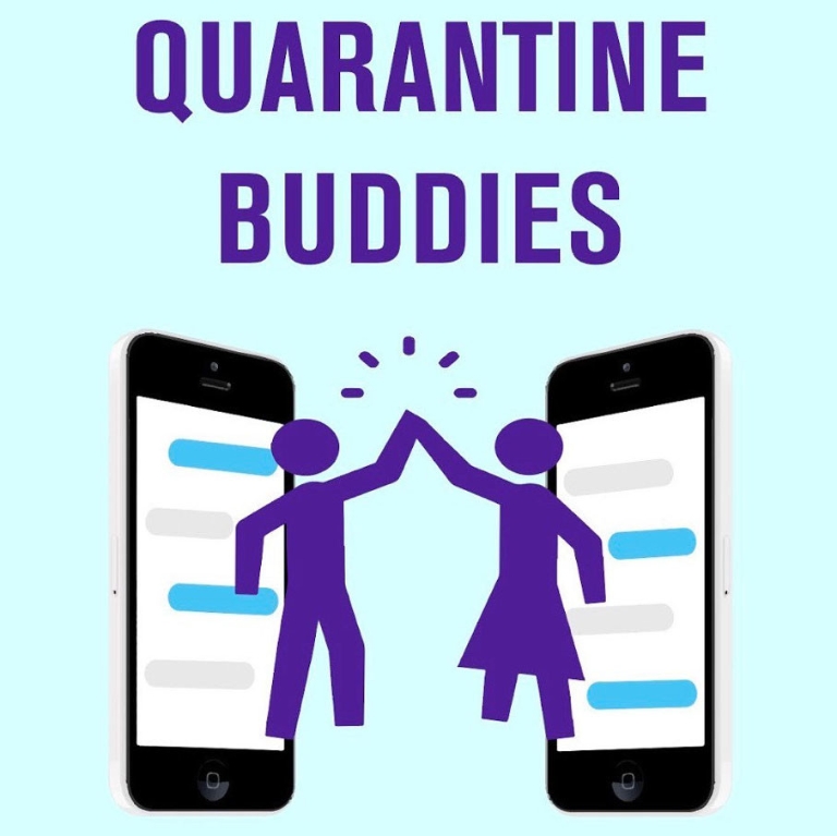 Graphic art of two people high-fiving next to cellphones with text reading "Quarantine Buddies"