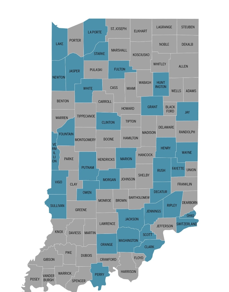 Map of Indiana showing counties with cancer death rates higher than the state average