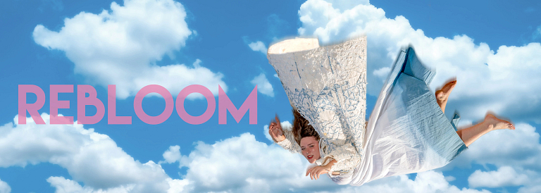 The word rebloom is next to a woman falling from the sky wearing a white and blue dress