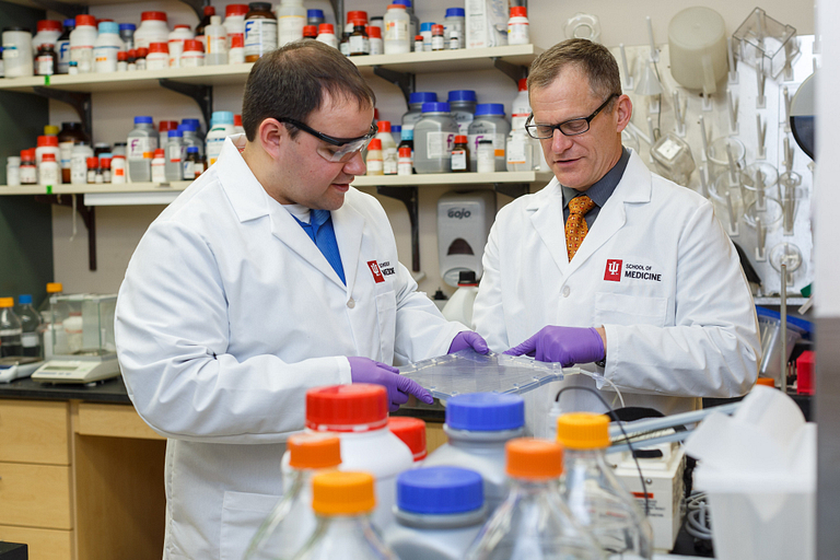 Dr. Jeff Kline, right, with Nathan Alves in Dr. Kline's lab.