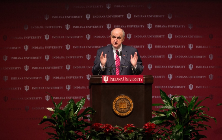IU President Michael A. McRobbie speaks for the annual State of the University address.