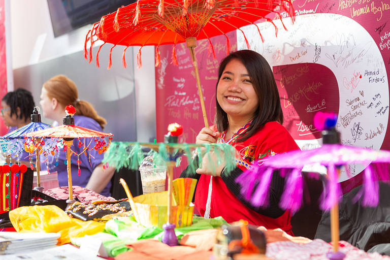 An IUPUI student dressed in traditional Chinese clothing