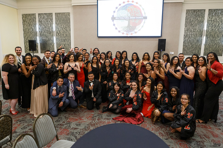 Members of Fraternity and Sorority Life at IUPUI pose for a photo during the installation ceremony.