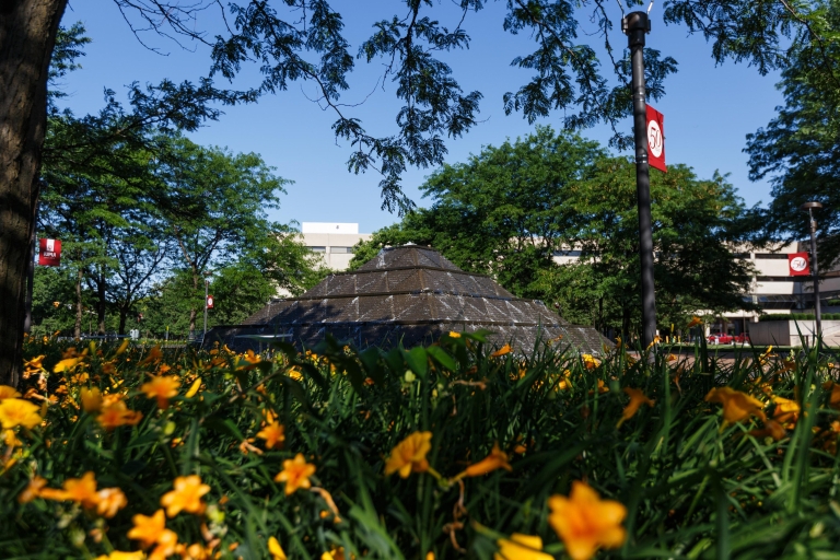 Flowers and the Wood Fountain on the IUPUI campus