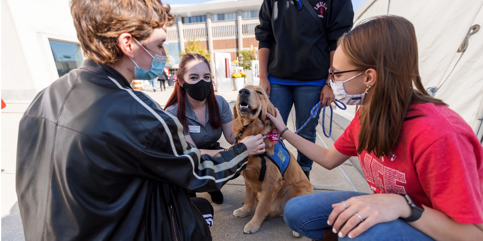 Students petting a dog