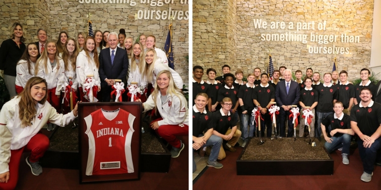 The IU volleyball and wrestling teams pose for a photo with alumnus Jay Wilkinson