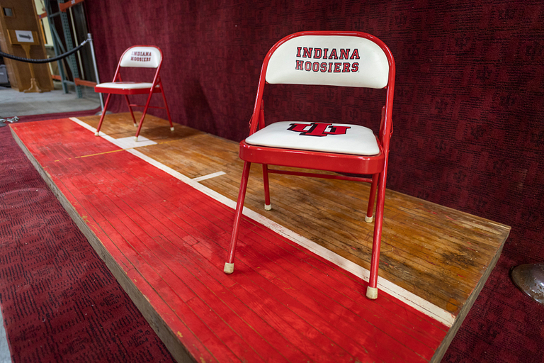 Pieces of basketball court floor at IU Surplus