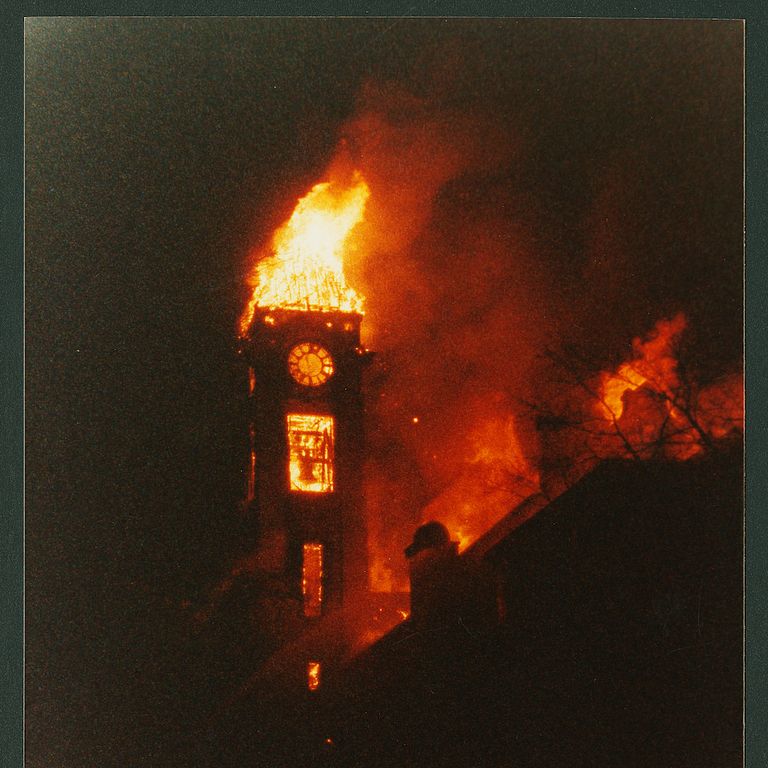 The IU Student Building on fire in 1990. 
