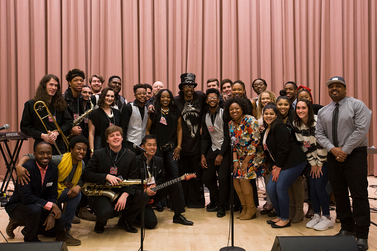 Members of the IU Soul Revue pose with Bootsy Collins.