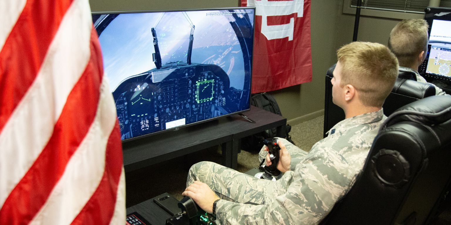 Kyle Fricker uses the flight simulator 