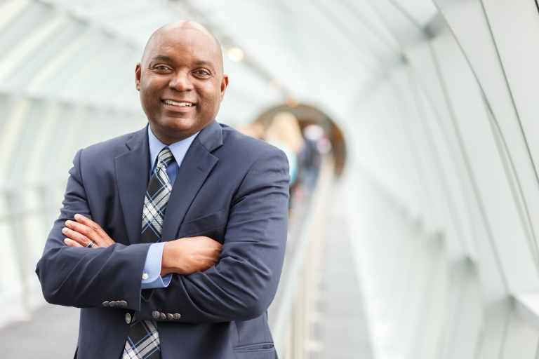 Eric Weldy, vice chancellor for student affairs at IUPUI, poses for a photo in the Campus Center.