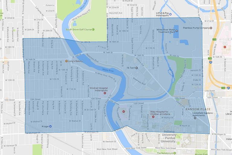 Map of eligible housing areas for the IUPUI Anchor Housing program, showing the Near West/River West