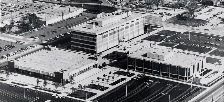 On campus from around 1972, with Cavanaugh Hall and a parking lot where the Campus Center would be.