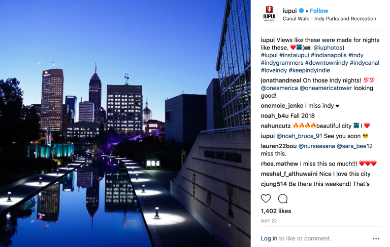 Screenshot of an IUPUI Instagram post showing a sunset over the Indianapolis canal.